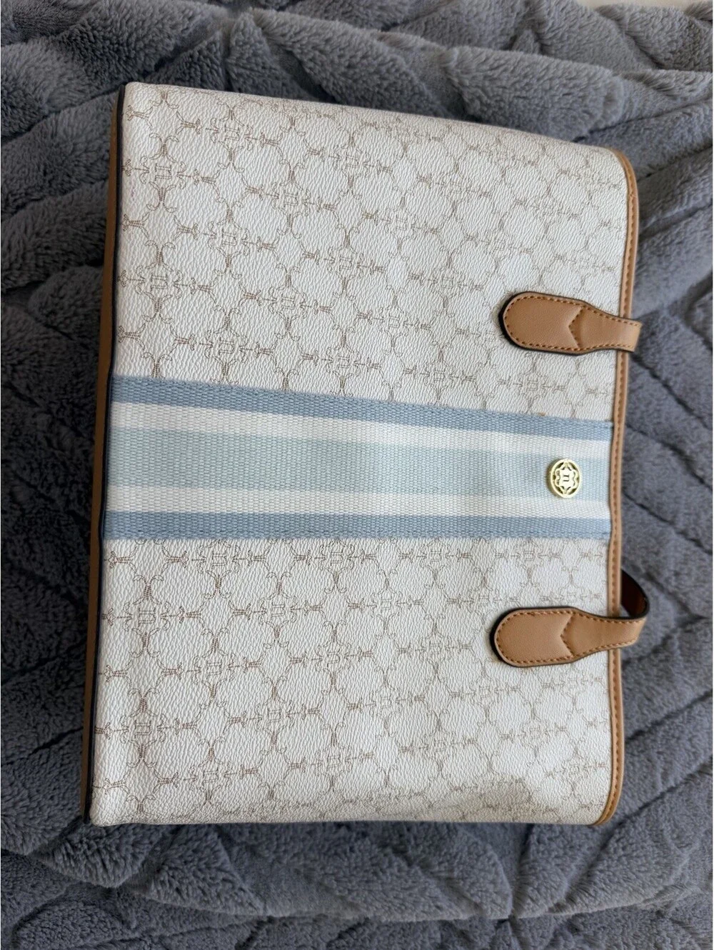 Tory Burch Brielle Logo Tote Bag Chalk Blue Stripe Large Zip Shoulder Handbag